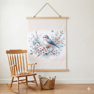 Blaue Vogel Blüten-Aquarell Gelassenheit Wandteppich Mit Holzrahmen