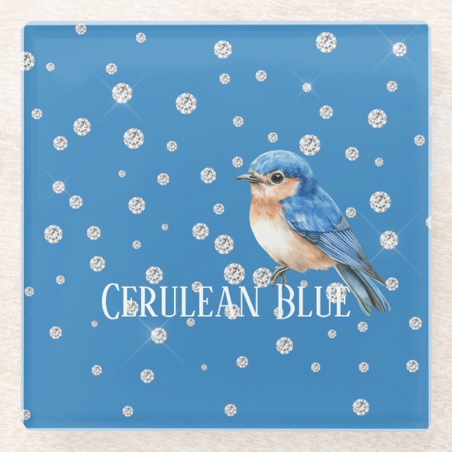 Blaue Vogel-Fauxdiamanten in Cerulean Glasuntersetzer (Vorderseite)