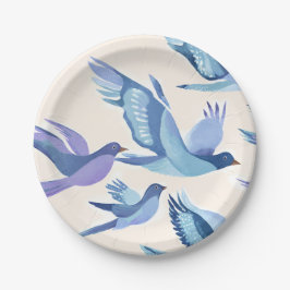 Blaue Vögel fliegen | Moderne Aquarellmalerei Pappteller
