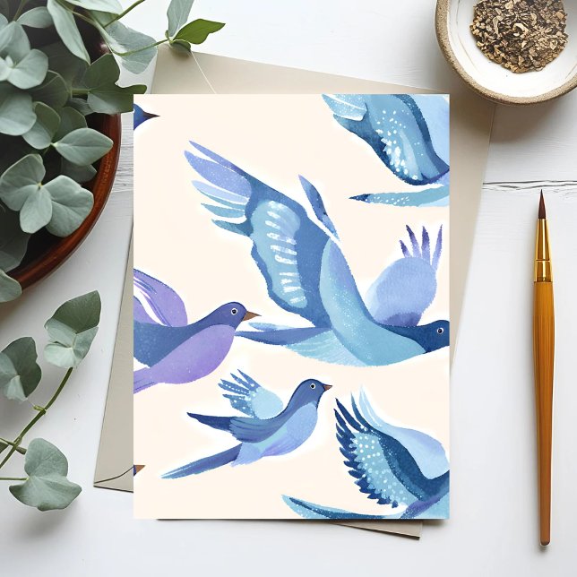 Blaue Vögel fliegen | Moderne Wasserfarbe Postkarte (Von Creator hochgeladen)