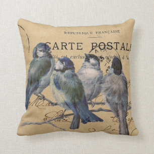Blaue Vögel, französische Postkarte, Shabby Chic Kissen