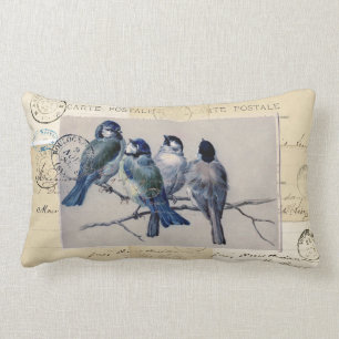 Blaue Vögel Französische Postkarten Kissen