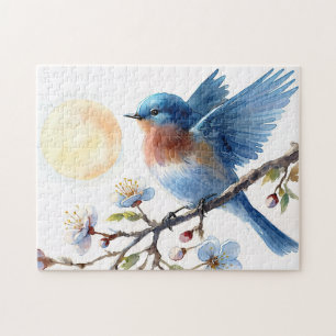 Blaue Vogel-Frühlingsblüten-Vogel-Kunst Puzzle