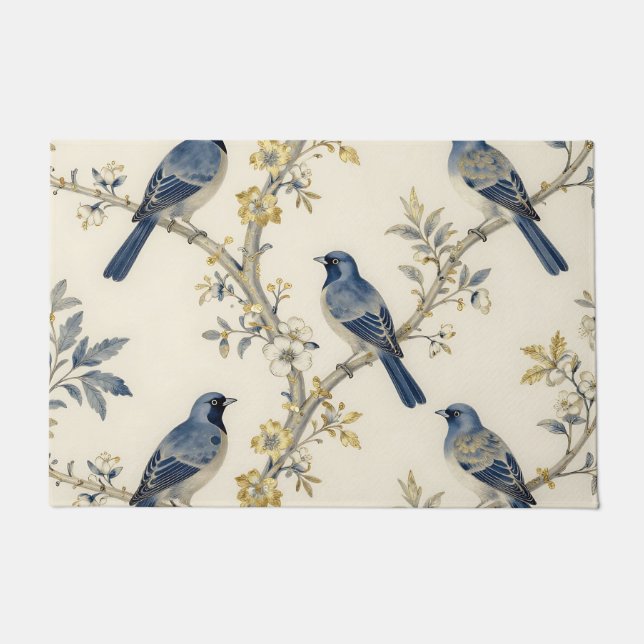 Blaue Vögel Goldenes Blütenmuster Fußmatte (Vorderseite)