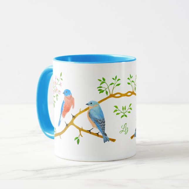 Blaue Vögel Hellblauer Kombi-Becher Tasse (Vorderseite Links)