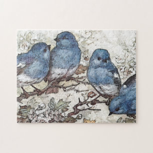Blaue Vogel-Illustration im Vintage-Stil niedliche Puzzle