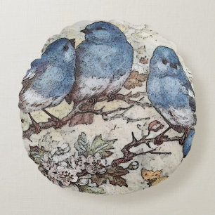 Blaue Vogel-Illustration im Vintage-Stil niedliche Rundes Kissen
