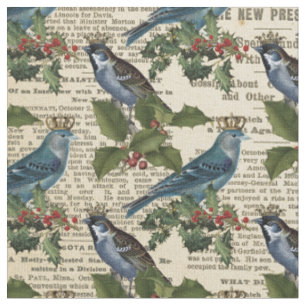 Blaue Vögel im Vintage-Stil und Weihnachts-Stechpa Stoff