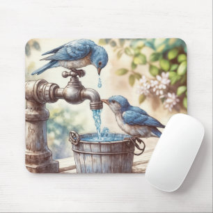 Blaue Vögel mit einem alten Wasserhahn und Eimer Mousepad