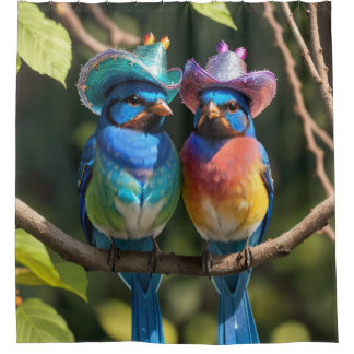 Blaue Vögel mit Funkelnd Cowboy Hats Duschvorhang