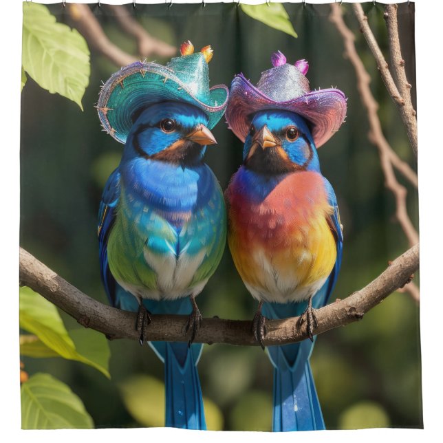 Blaue Vögel mit Funkelnd Cowboy Hats Duschvorhang (Vorderseite)