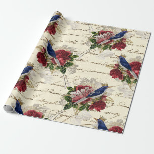 Blaue Vögel mit Kronen und Rosen im Vintage-Stil Geschenkpapier