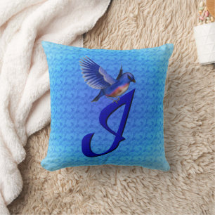 Blaue Vogel-Monogramm Anfangsbuchstabe I Kissen