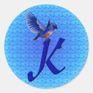 Blaue Vogel Monogramm Anfangsbuchstabe K Elegant Runder Aufkleber