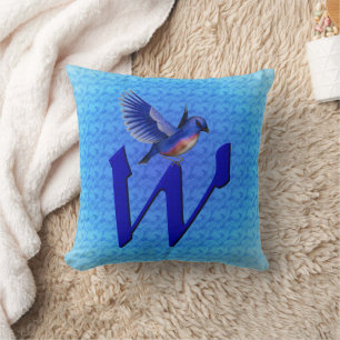Blaue-Vogel-Monogramm Anfangsbuchstabe W Kissen