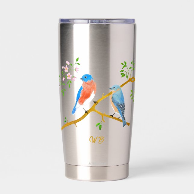 Blaue Vögel Monogramm-Edelstahl Thermobecher (Rückseite)