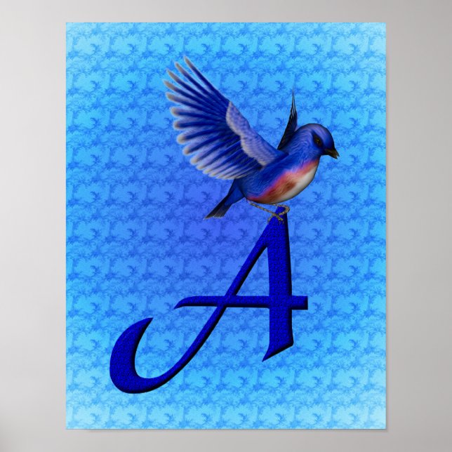 Blaue Vogel-Monogramm Initiale A Poster (Vorne)