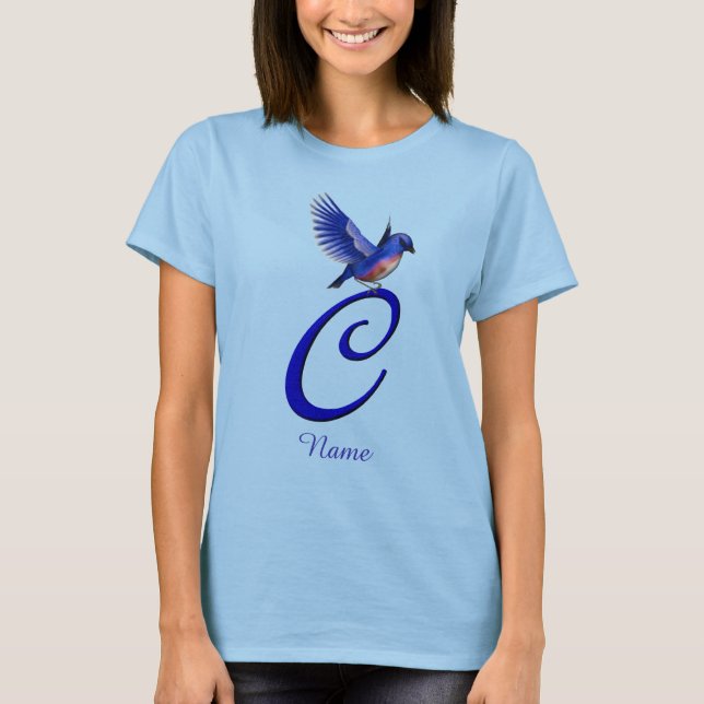 Blaue Vogel-Monogramm-Initiale C Elegant Personali T-Shirt (Vorderseite)