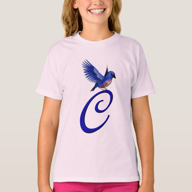 Blaue Vogel-Monogramm-Initiale C Elegant  T-Shirt (Vorderseite)