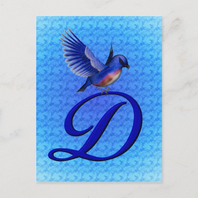 Blaue Vogel-Monogramm Initiale D Elegant Postkarte (Vorderseite)