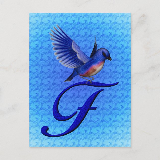 Blaue Vogel-Monogramm-Initiale F Elegant Postkarte (Vorderseite)