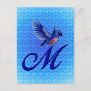 Blaue Vogel-Monogramm-Initiale M Elegant Postkarte