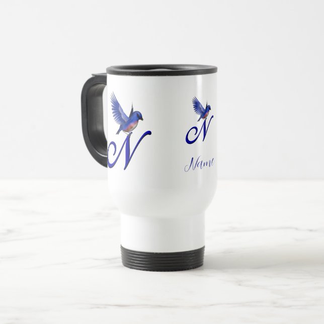 Blaue Vogel-Monogramm-Initiale N Elegant Personali Reisebecher (Vorderseite Links)