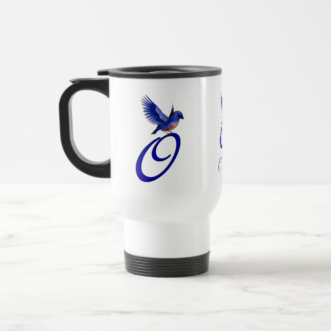 Blaue Vogel-Monogramm-Initiale O Elegant Personali Reisebecher (Links)