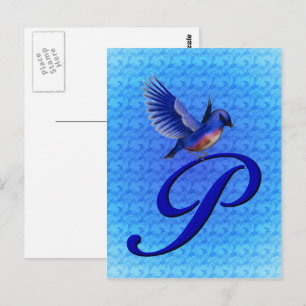 Blaue Vogel-Monogramm Initiale P Elegant Postkarte