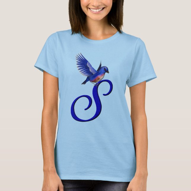 Blaue Vogel-Monogramm Initiale S Elegant T-Shirt (Vorderseite)