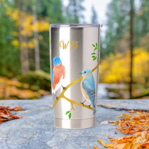 Blaue Vögel Monogrammiert Thermobecher