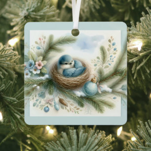Blaue-Vogel-Nest mit Verzierungen in Winterkiefern Ornament Aus Metall