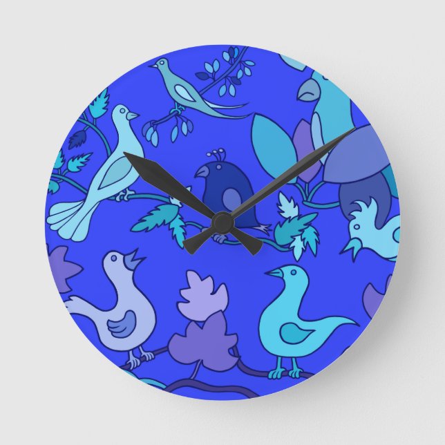 Blaue Vögel Runde Wanduhr (Vorderseite)