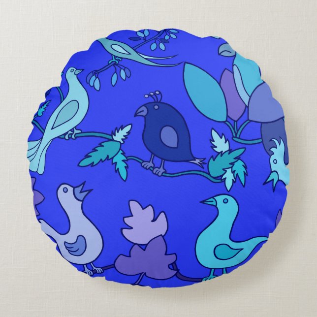 Blaue Vögel Rundes Kissen (Vorderseite)