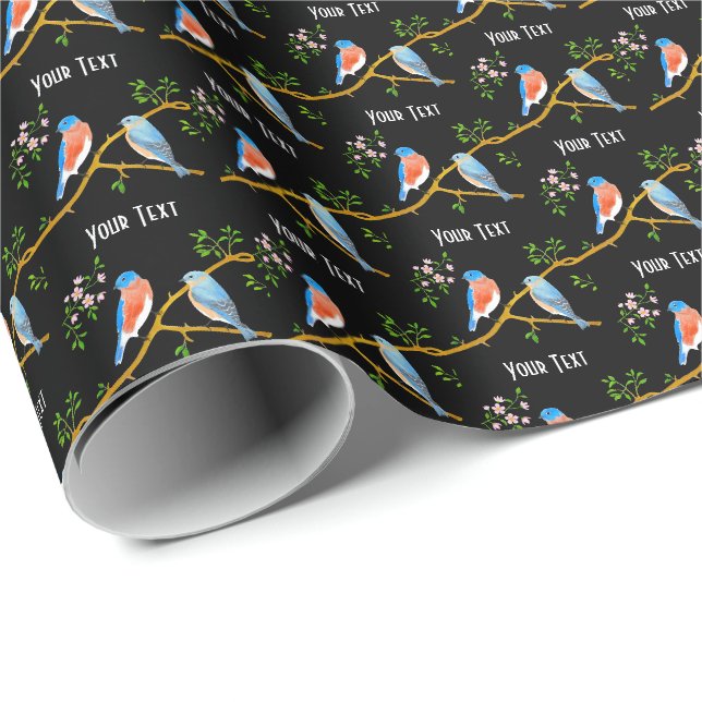Blaue Vögel Schwarz Geschenkpapier (Rolleneckpunkt)