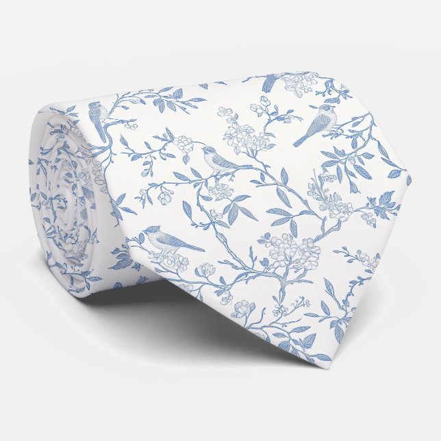 Blaue Vögel Toile de Jouy Krawatte (Gerollt)
