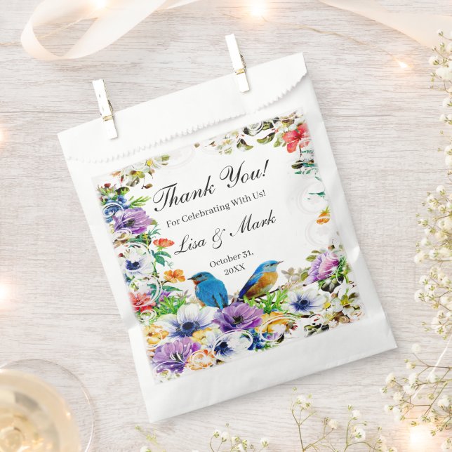 Blaue Vögel und botanische Blüten Geschenktütchen (Ausgeschnitten)