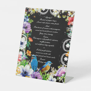 Blaue Vögel und Botanisches Blumenmenü Sockelschild