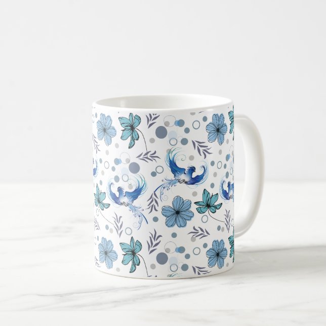 Blaue Vögel und florale Harmonie Nahtloses Muster Kaffeetasse (VorderseiteRechts)