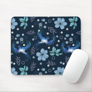 Blaue Vögel und florale Harmonie Nahtloses Muster Mousepad