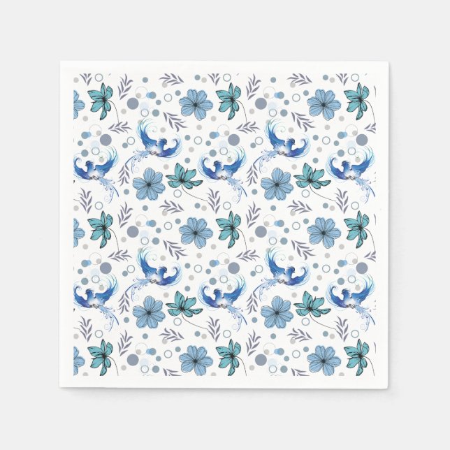 Blaue Vögel und florale Harmonie Nahtloses Muster Serviette (Vorderseite)