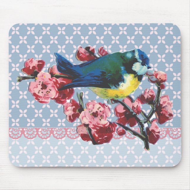 Blaue Vogel-und Kirschblüte Mousepad (Vorne)