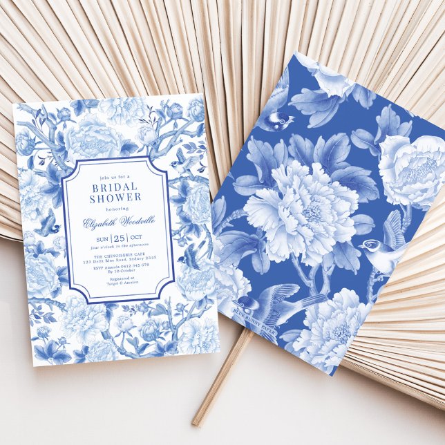 Blaue Vögel und Peonies Chinoiserie Brautparty Einladung (Von Creator hochgeladen)