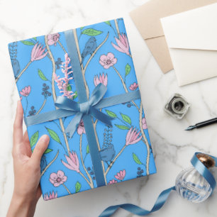 Blaue Vögel und rosa Blume Geschenkpapier