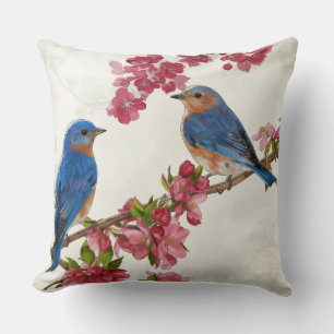 Blaue Vögel und rosa Kirschblüten Botanik Kissen