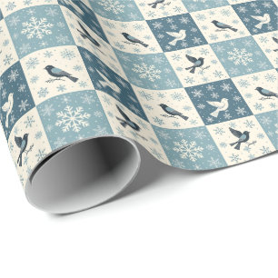 Blaue Vögel und Schneeflocken Weihnachts-Winter-Mu Geschenkpapier