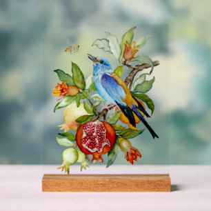 Blaue Vogel unter Granatäpfeln Aquarell-Botanik Acrylschild