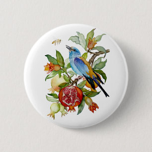 Blaue Vogel unter Granatäpfeln Aquarell-Botanik Button