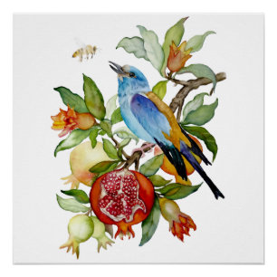 Blaue Vogel unter Granatäpfeln Aquarell-Botanik Poster