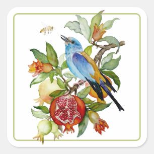 Blaue Vogel unter Granatäpfeln Aquarell-Botanik Quadratischer Aufkleber